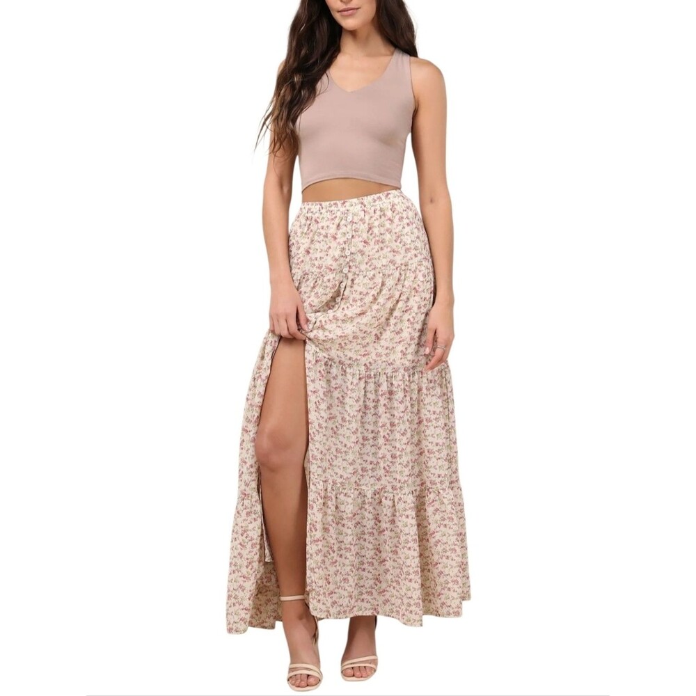 Lulus Subtle Sweetness Cream Floral Print Tiered Maxi Skirt Size Large